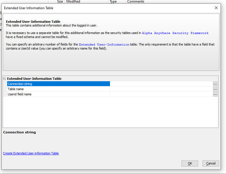 Extended User Information Table dialog